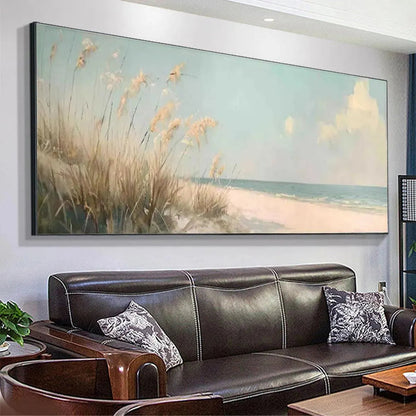 Beach Grass hand-painted ocean blue, ivory and soft neutral tones textured seascape painting shown with black frame