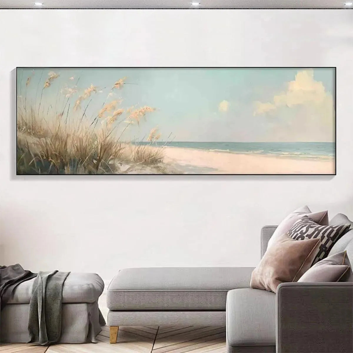 Beach Grass hand-painted ocean blue, ivory and soft neutral tones textured seascape painting rolled canvas option