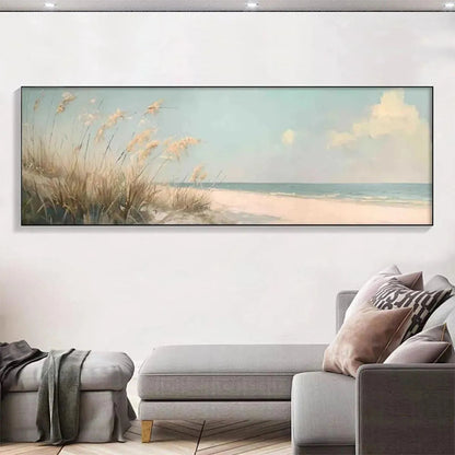Beach Grass hand-painted ocean blue, ivory and soft neutral tones textured seascape painting rolled canvas option