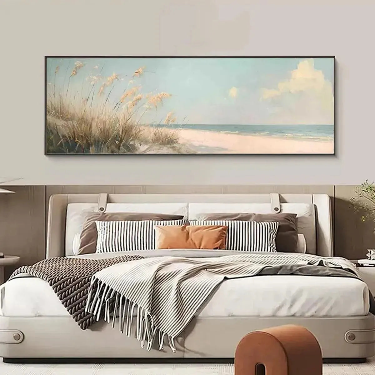 Beach Grass hand-painted ocean blue, ivory and soft neutral tones textured seascape painting shown as stretched canvas