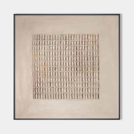Beige Grid – Wabi-Sabi Geometric Oil Painting, view 1