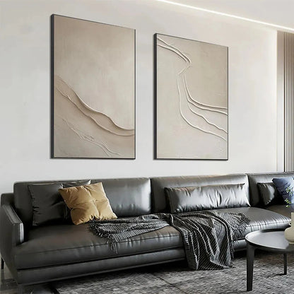 Beige Wabi-Sabi Abstract Textured Oil Painting – Beige Textured Abstract Diptych