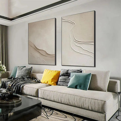 Beige Wabi-Sabi Abstract Textured Oil Painting – Beige Textured Abstract Diptych