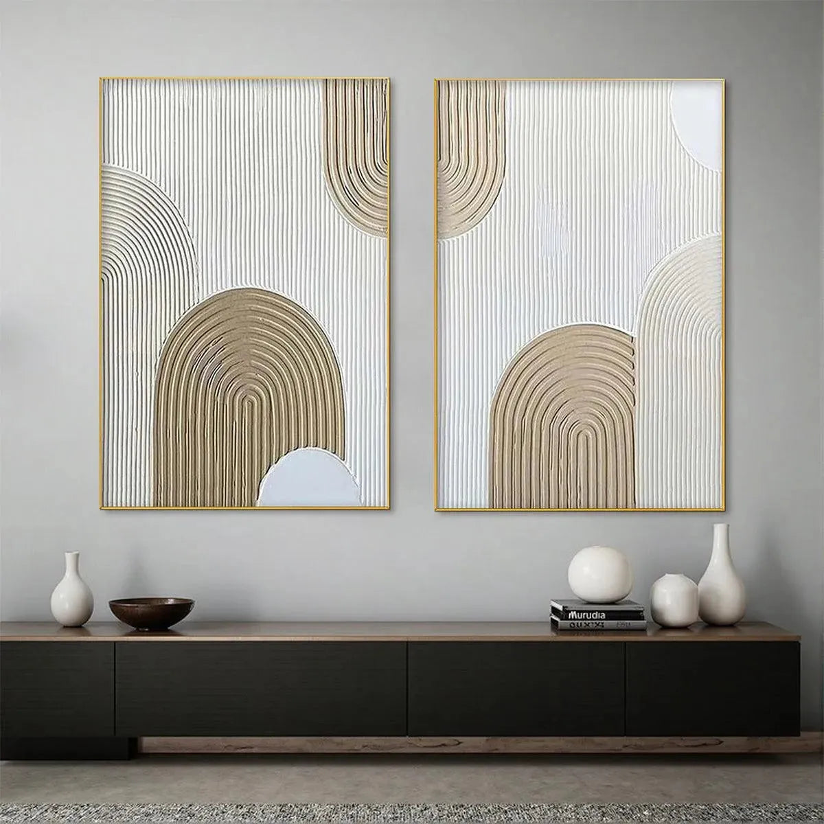 Beige Textured Arches Diptych – Wabi-Sabi Abstract Oil Painting, view 2