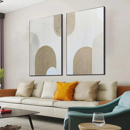 White and Beige Wabi-Sabi Abstract Textured Oil Painting – Beige Textured Arches Diptych