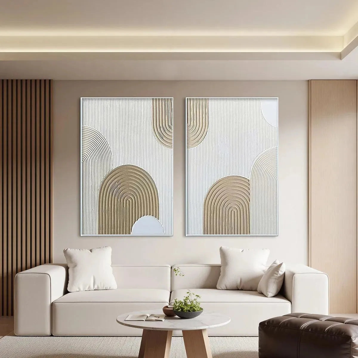 White and Beige Wabi-Sabi Abstract Textured Oil Painting – Beige Textured Arches Diptych