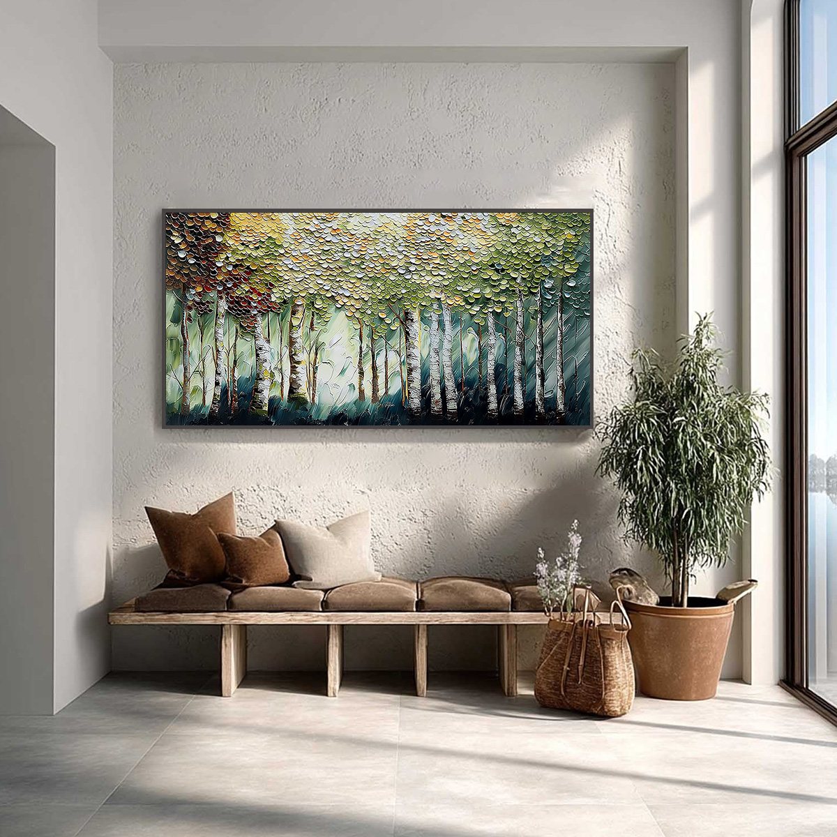 Birch Symphony hand-painted forest green, soft grey and warm earth tones textured forest landscape painting shown as stretched canvas