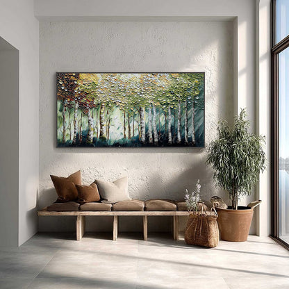 Birch Symphony hand-painted forest green, soft grey and warm earth tones textured forest landscape painting shown as stretched canvas