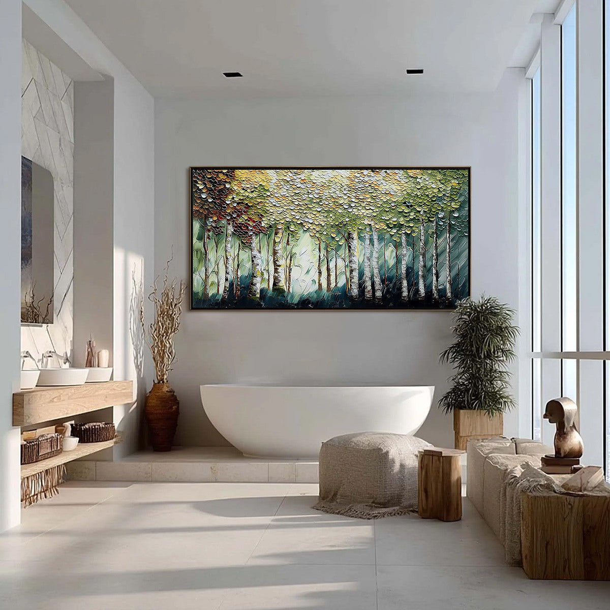 Birch Symphony hand-painted forest green, soft grey and warm earth tones textured forest landscape painting shown with silver frame
