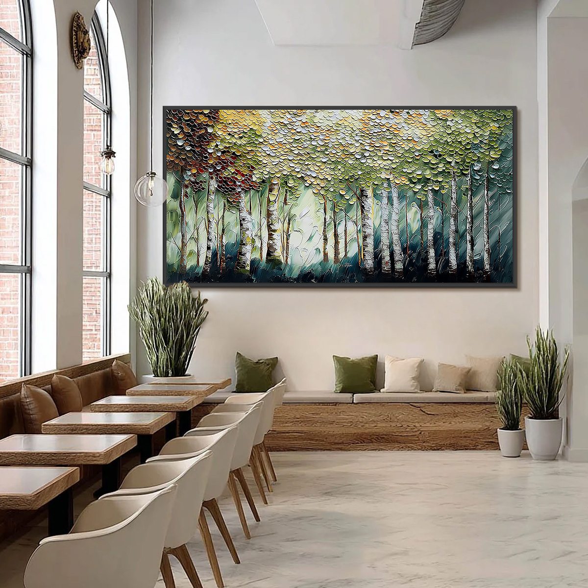 Birch Symphony hand-painted forest green, soft grey and warm earth tones textured forest landscape painting shown with black frame