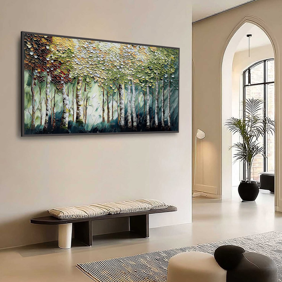 Birch Symphony hand-painted forest green, soft grey and warm earth tones textured forest landscape painting shown with wood frame