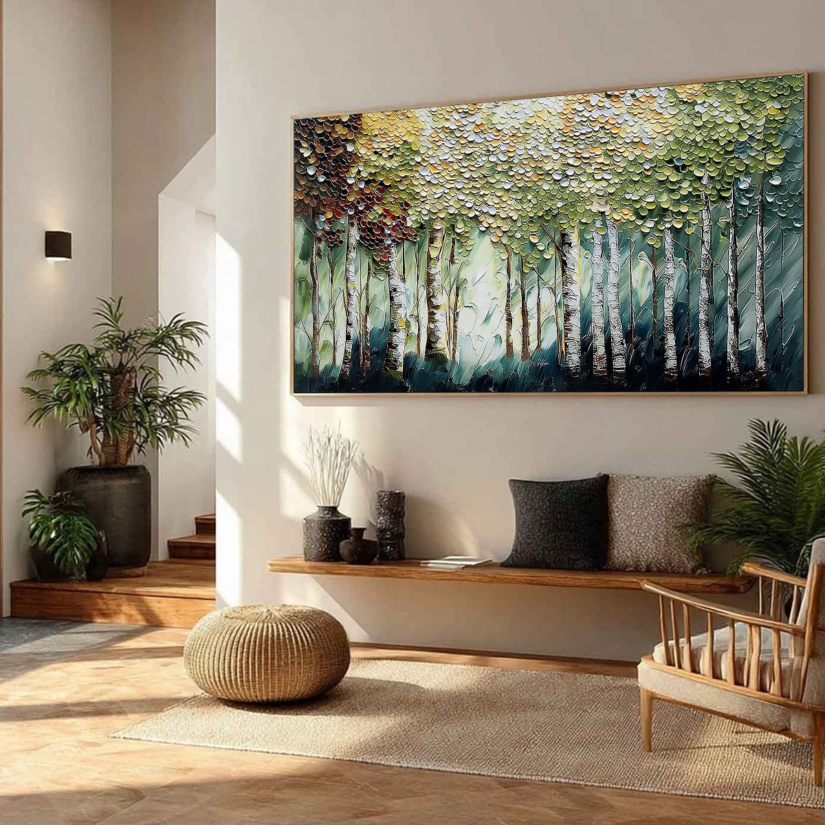 Birch Symphony hand-painted forest green, soft grey and warm earth tones textured forest landscape painting rolled canvas option