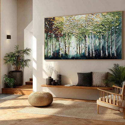 Birch Symphony hand-painted forest green, soft grey and warm earth tones textured forest landscape painting rolled canvas option