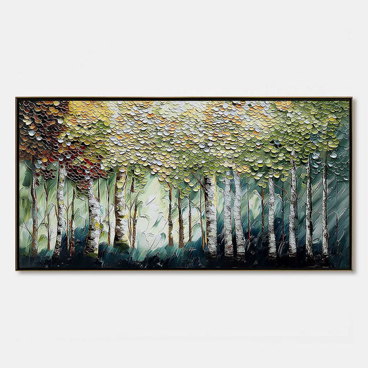 Birch Symphony hand-painted forest green, soft grey and warm earth tones textured forest landscape painting rolled canvas option