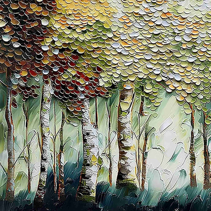 Birch Symphony hand-painted forest green, soft grey and warm earth tones textured forest landscape painting shown with gold frame