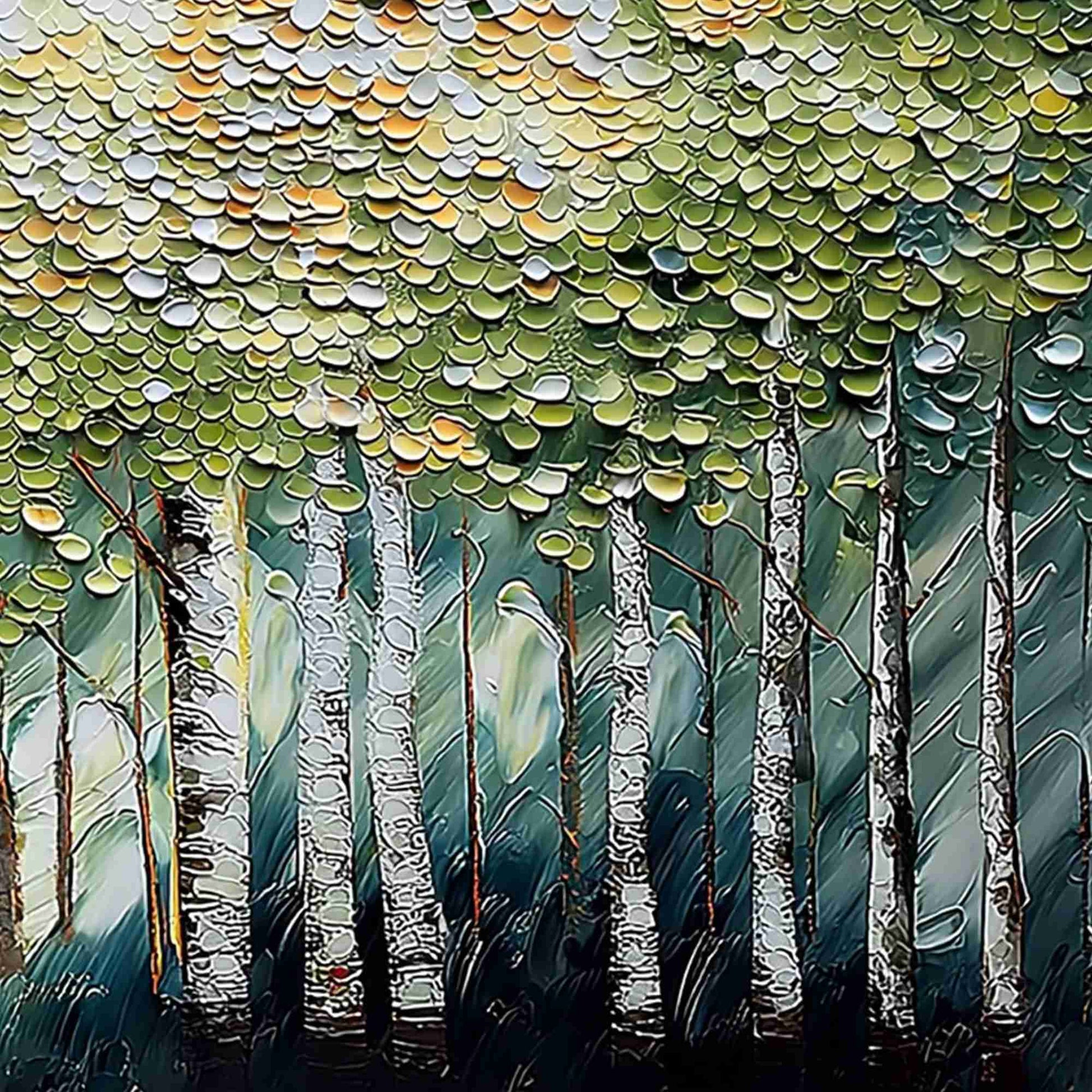 Birch Symphony hand-painted forest green, soft grey and warm earth tones textured forest landscape painting shown with white frame