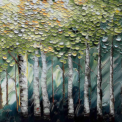 Birch Symphony hand-painted forest green, soft grey and warm earth tones textured forest landscape painting shown with white frame