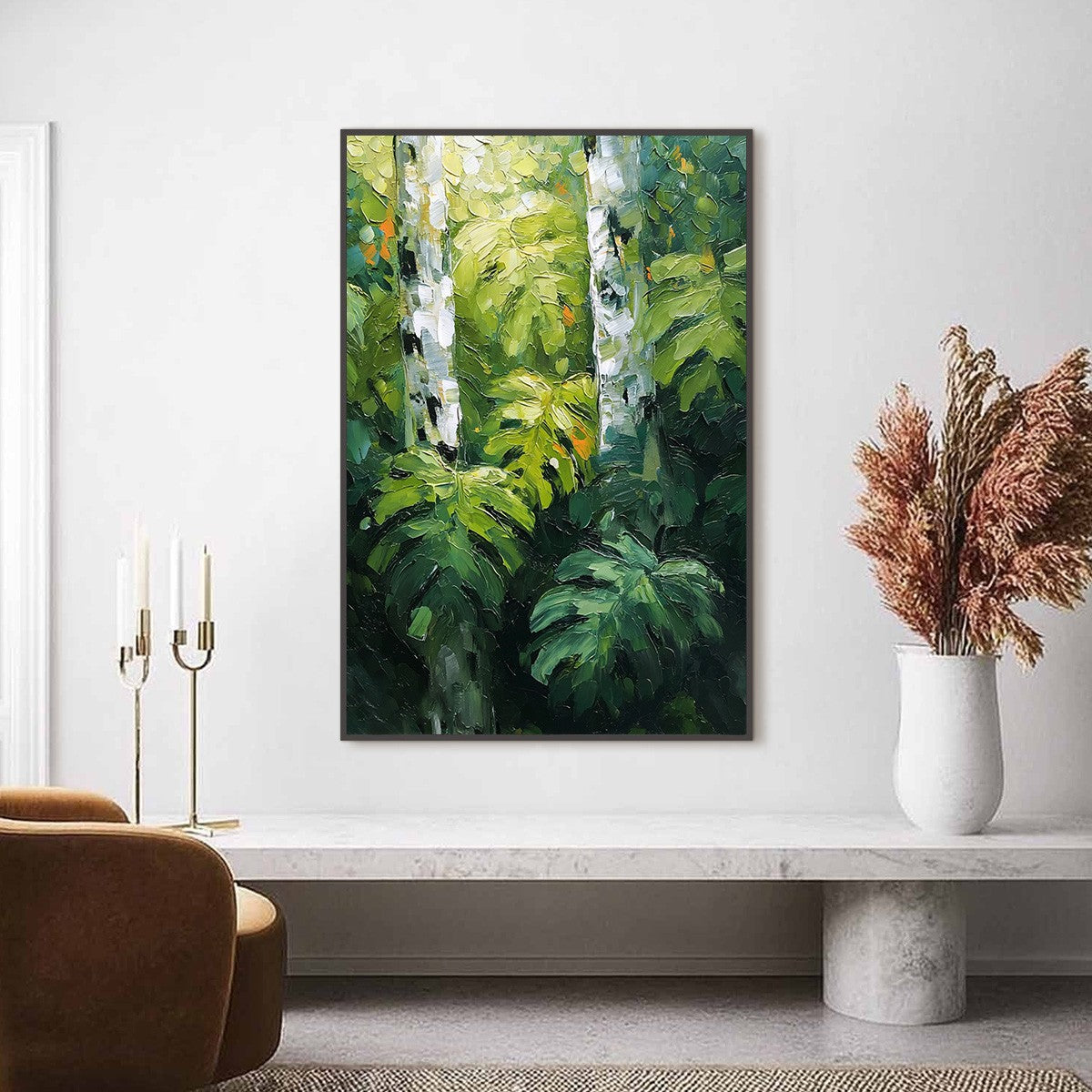 Birchwood Whispers hand-painted crimson, golden yellow, turquoise and violet textured forest landscape painting shown as stretched canvas