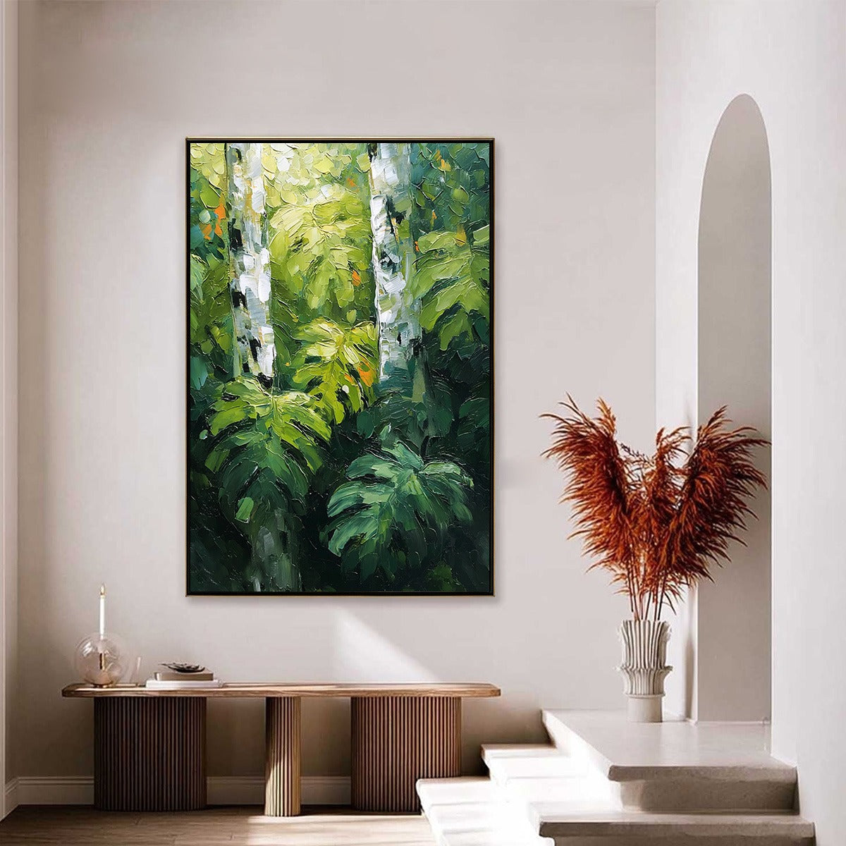 Birchwood Whispers hand-painted crimson, golden yellow, turquoise and violet textured forest landscape painting shown with silver frame