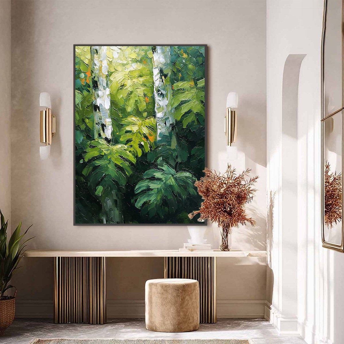 Birchwood Whispers hand-painted crimson, golden yellow, turquoise and violet textured forest landscape painting shown with black frame