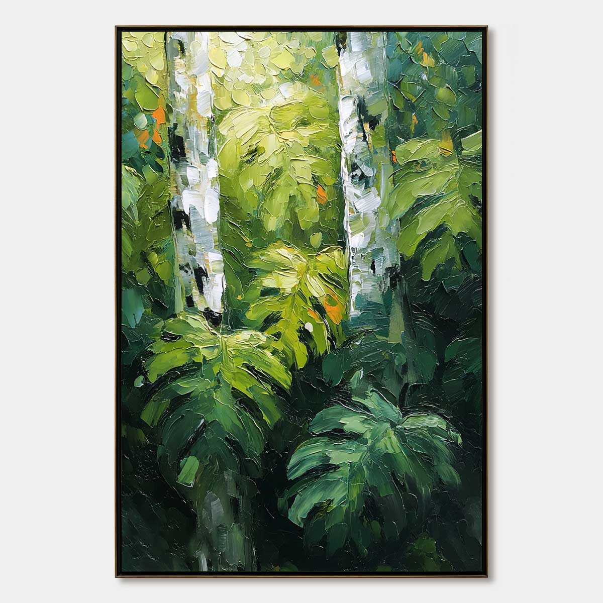 Birchwood Whispers hand-painted crimson, golden yellow, turquoise and violet textured forest landscape painting rolled canvas option