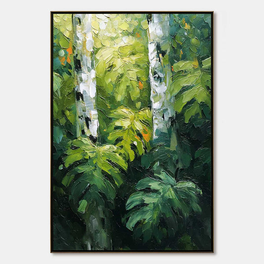 Birchwood Whispers hand-painted crimson, golden yellow, turquoise and violet textured forest landscape painting rolled canvas option