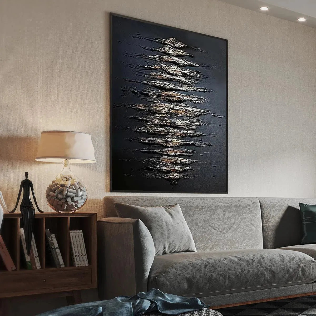 Gold and Black Wabi-Sabi Abstract Textured Oil Painting – Black And Gold Texture