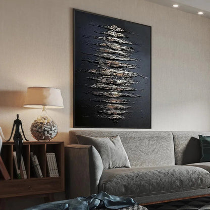 Gold and Black Wabi-Sabi Abstract Textured Oil Painting – Black And Gold Texture