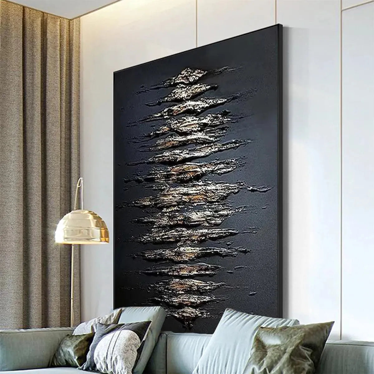 Gold and Black Wabi-Sabi Abstract Textured Oil Painting – Black And Gold Texture