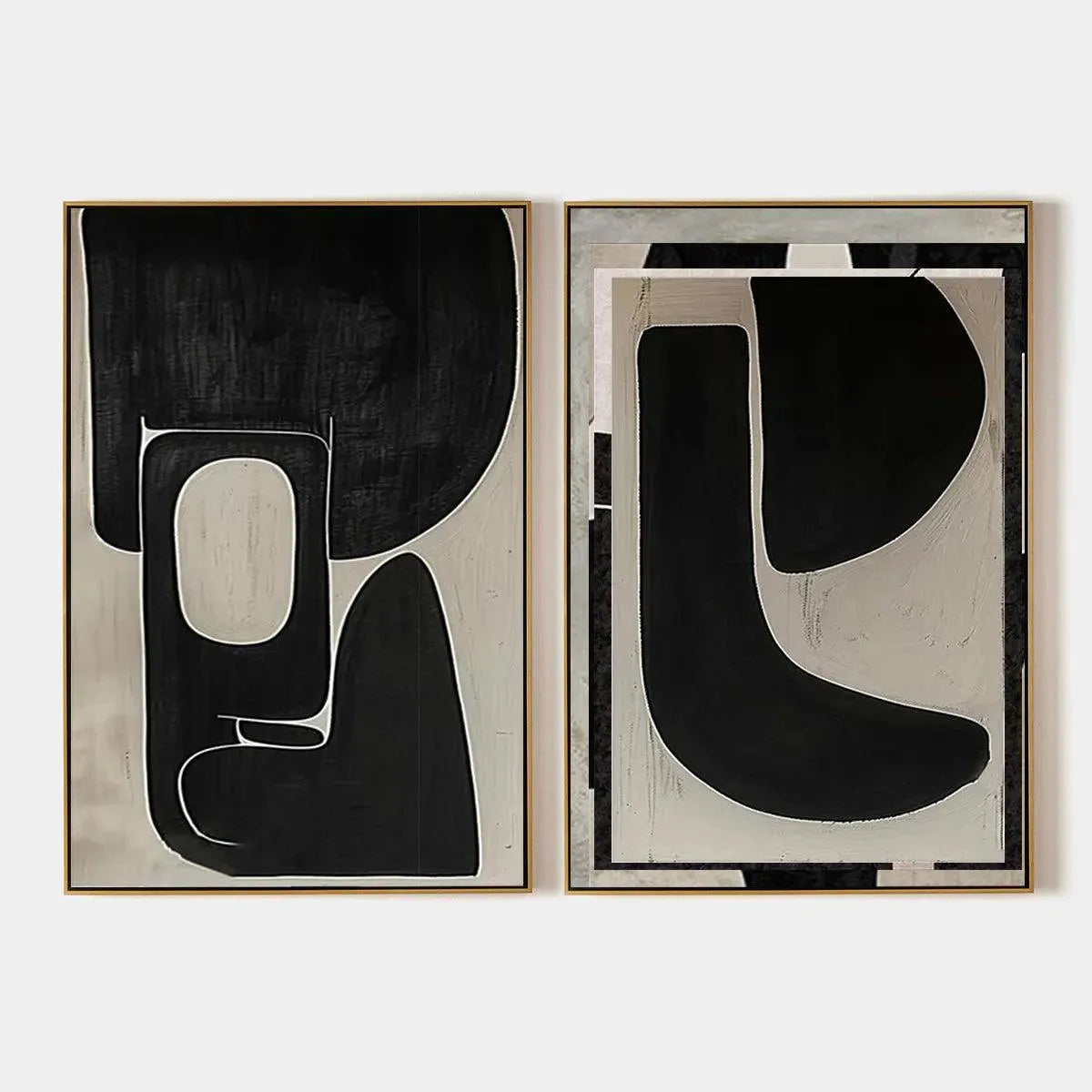 Black & Beige Abstract Diptych Ii – Wabi-Sabi Geometric Oil Painting, view 1