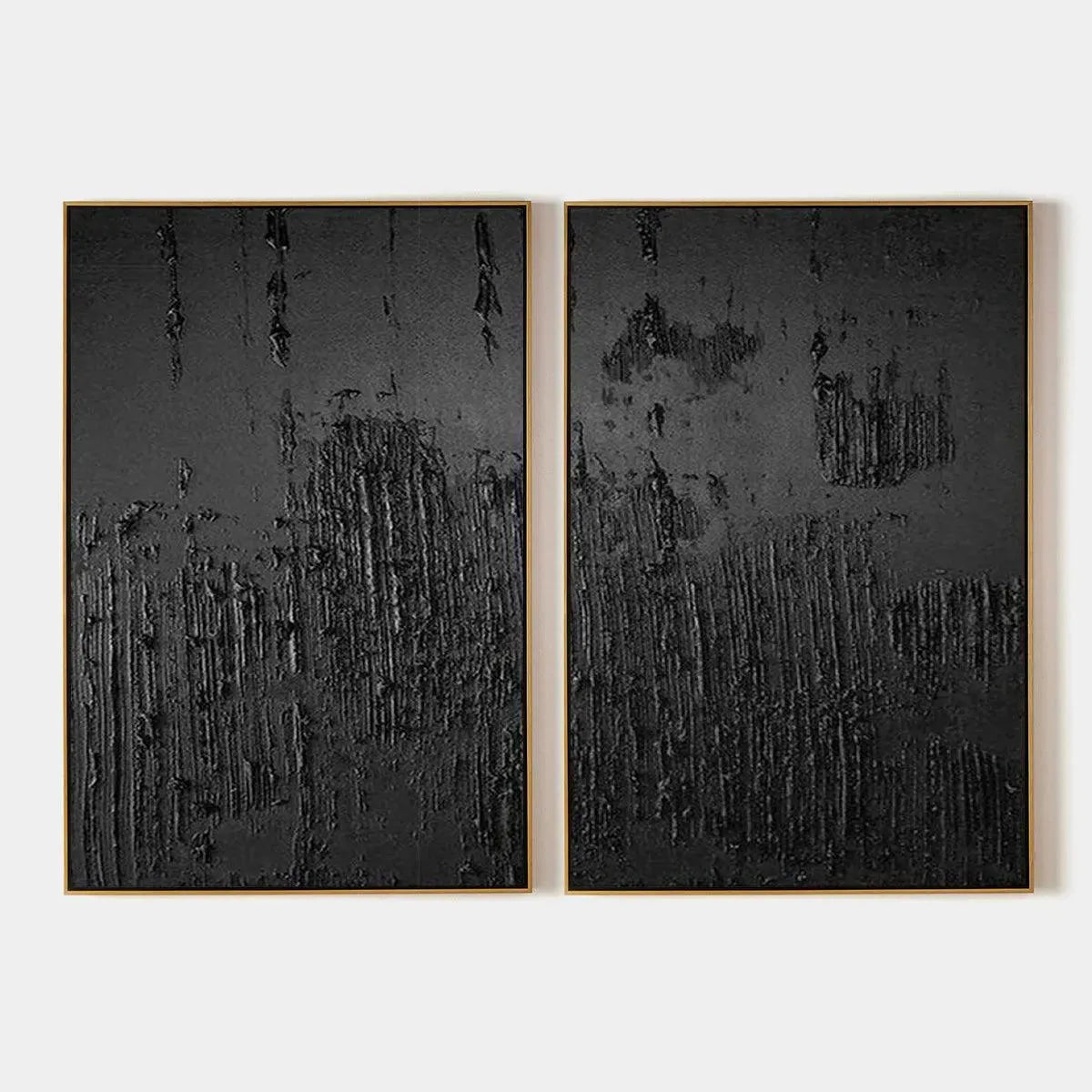 Black Textured Diptych – Wabi-Sabi Abstract Oil Painting, view 1