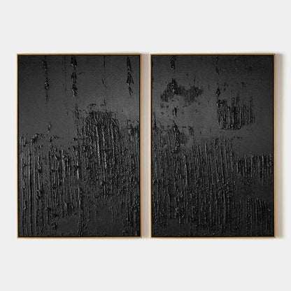Black Textured Diptych – Wabi-Sabi Abstract Oil Painting, view 1