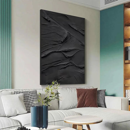 Black Wabi-Sabi Abstract Impasto Oil Painting – Black Textured Impasto