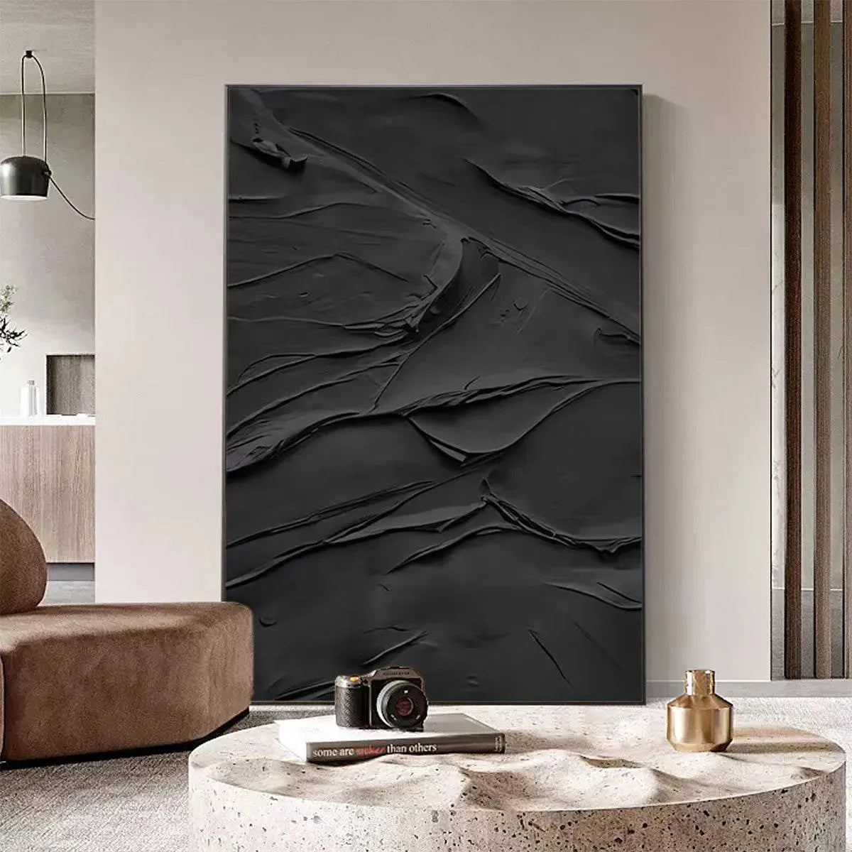 Black Wabi-Sabi Abstract Impasto Oil Painting – Black Textured Impasto