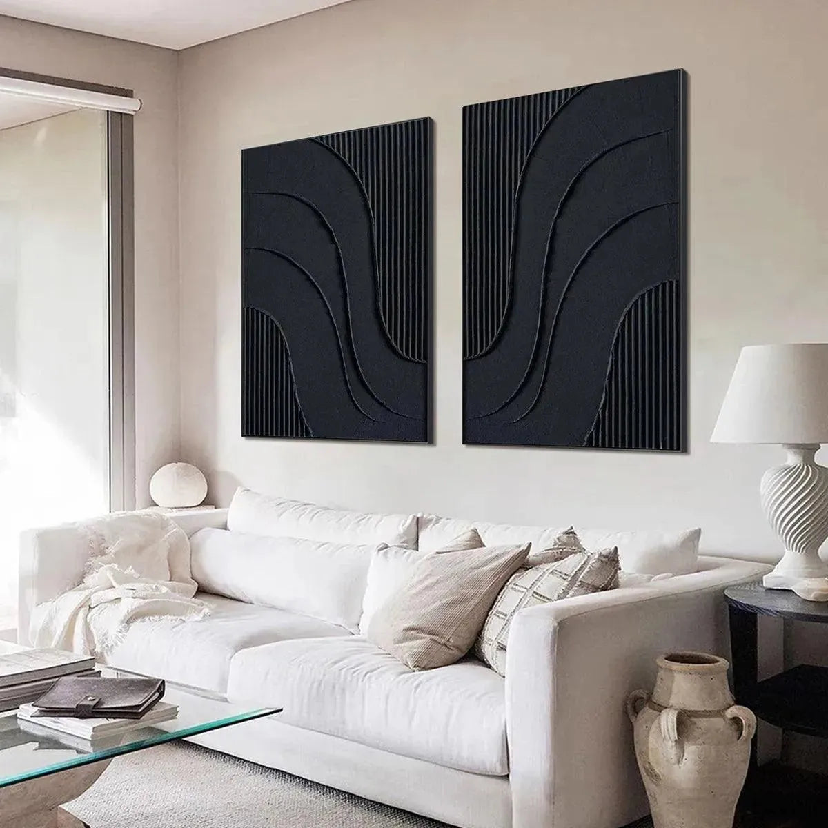 Black Wabi-Sabi Seascape Textured Oil Painting – Black Textured Waves Diptych