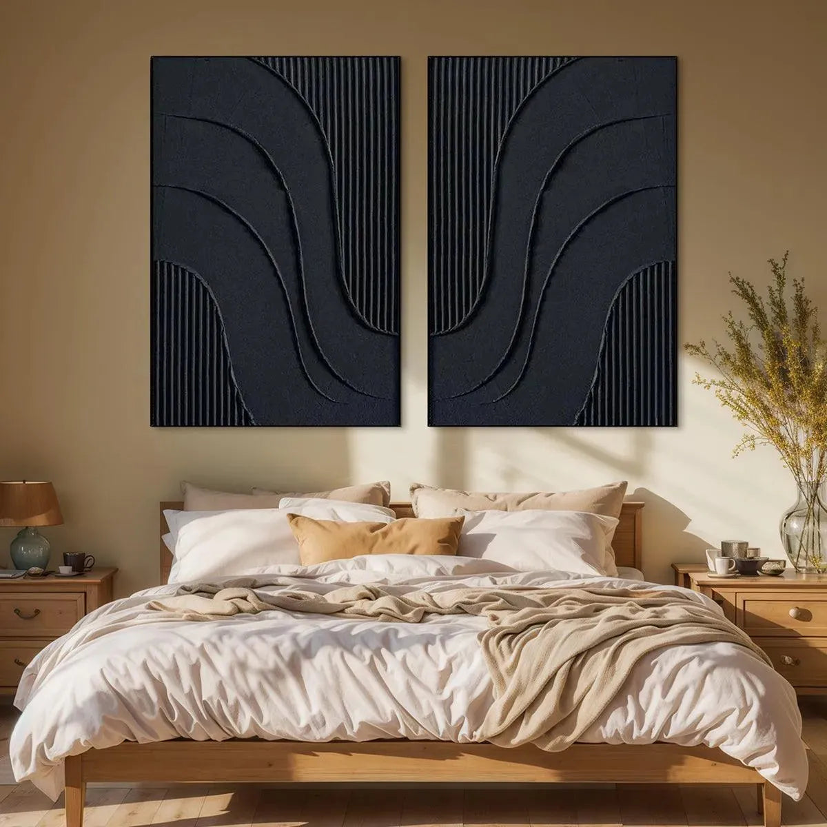 Black Wabi-Sabi Seascape Textured Oil Painting – Black Textured Waves Diptych