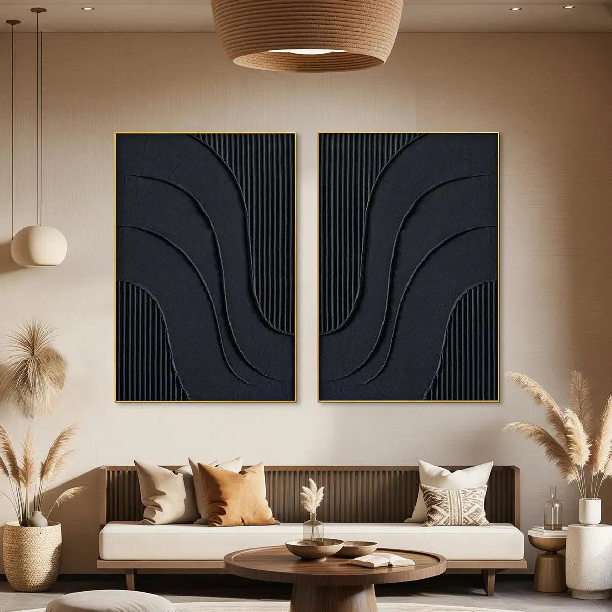 Black Wabi-Sabi Seascape Textured Oil Painting – Black Textured Waves Diptych