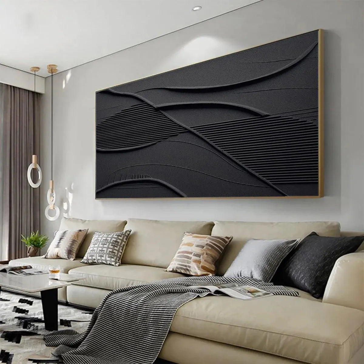 Black Wabi-Sabi Seascape Textured Oil Painting – Black Textured Waves by Javier Ramirez