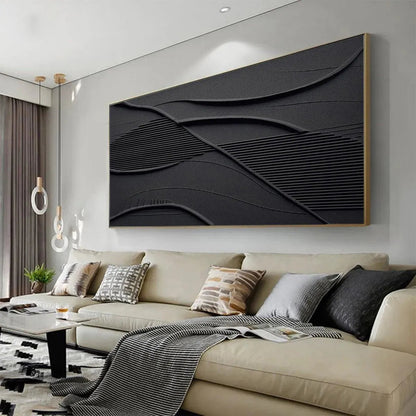 Black Wabi-Sabi Seascape Textured Oil Painting – Black Textured Waves by Javier Ramirez