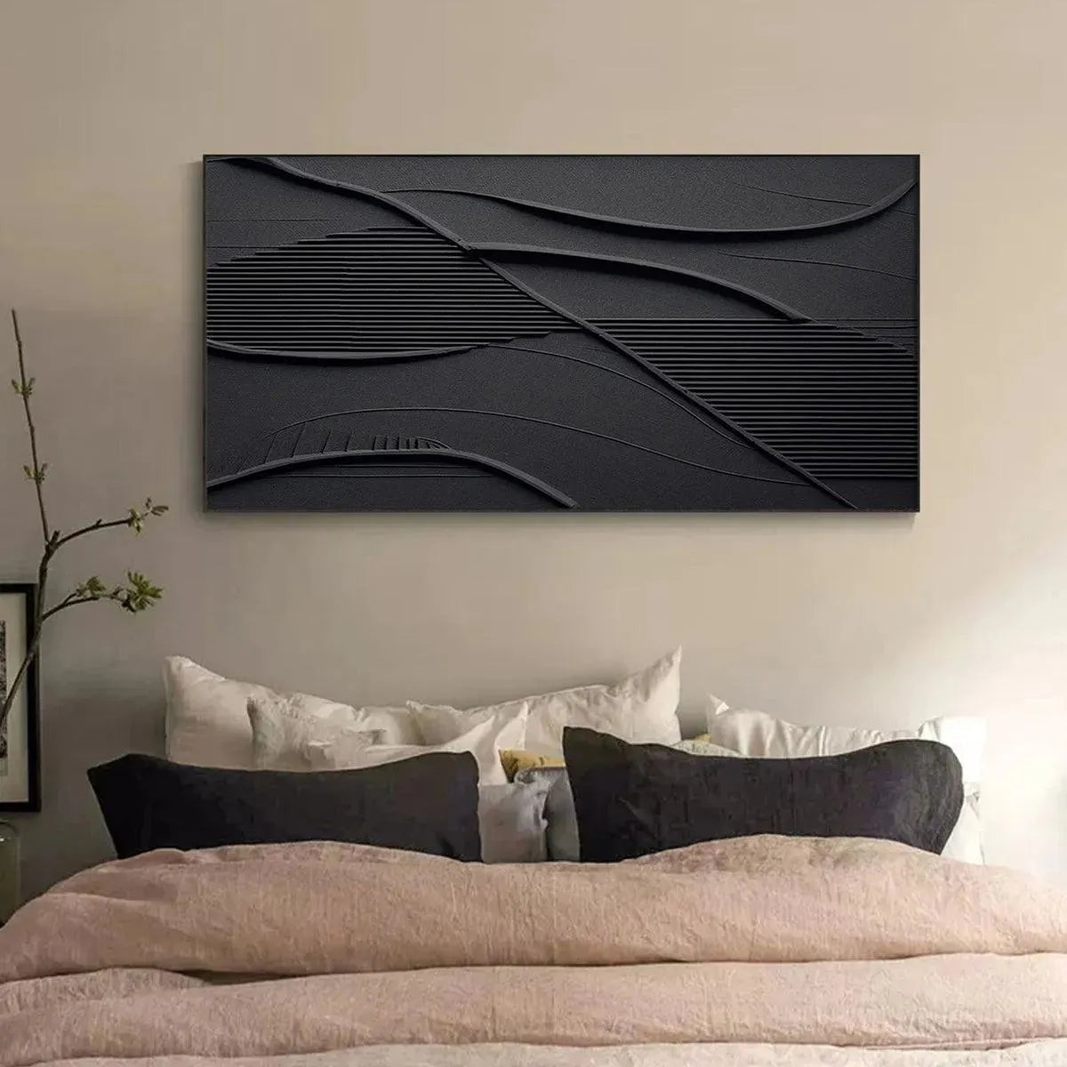 Black Wabi-Sabi Seascape Textured Oil Painting – Black Textured Waves by Javier Ramirez