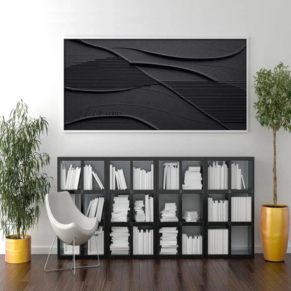 Black Wabi-Sabi Seascape Textured Oil Painting – Black Textured Waves by Javier Ramirez