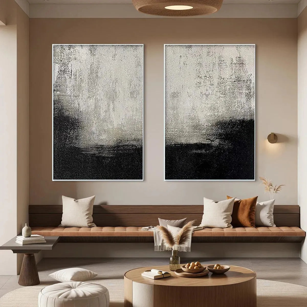 Black and White Wabi-Sabi Abstract Textured Oil Painting – Black & White Abstract Diptych