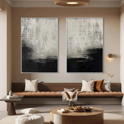Black and White Wabi-Sabi Abstract Textured Oil Painting – Black & White Abstract Diptych