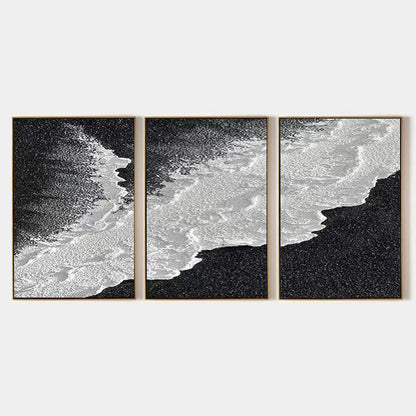 Black & White Ocean Triptych hand-painted white and black textured coastal abstract painting rolled canvas option