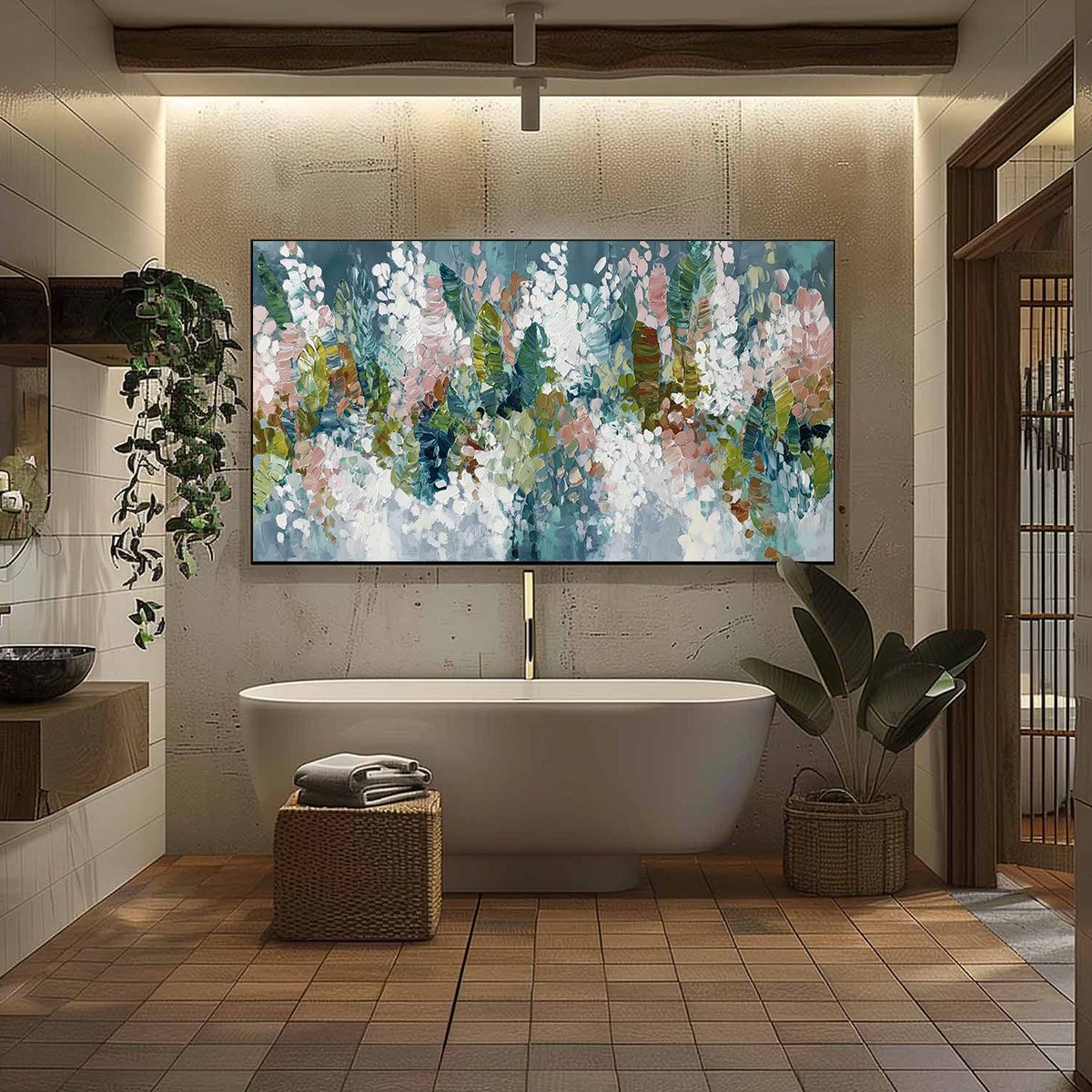 Blue and Green Abstract Floral Impasto Oil Painting – Blossom Reverie