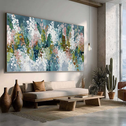 Blue and Green Abstract Floral Impasto Oil Painting – Blossom Reverie