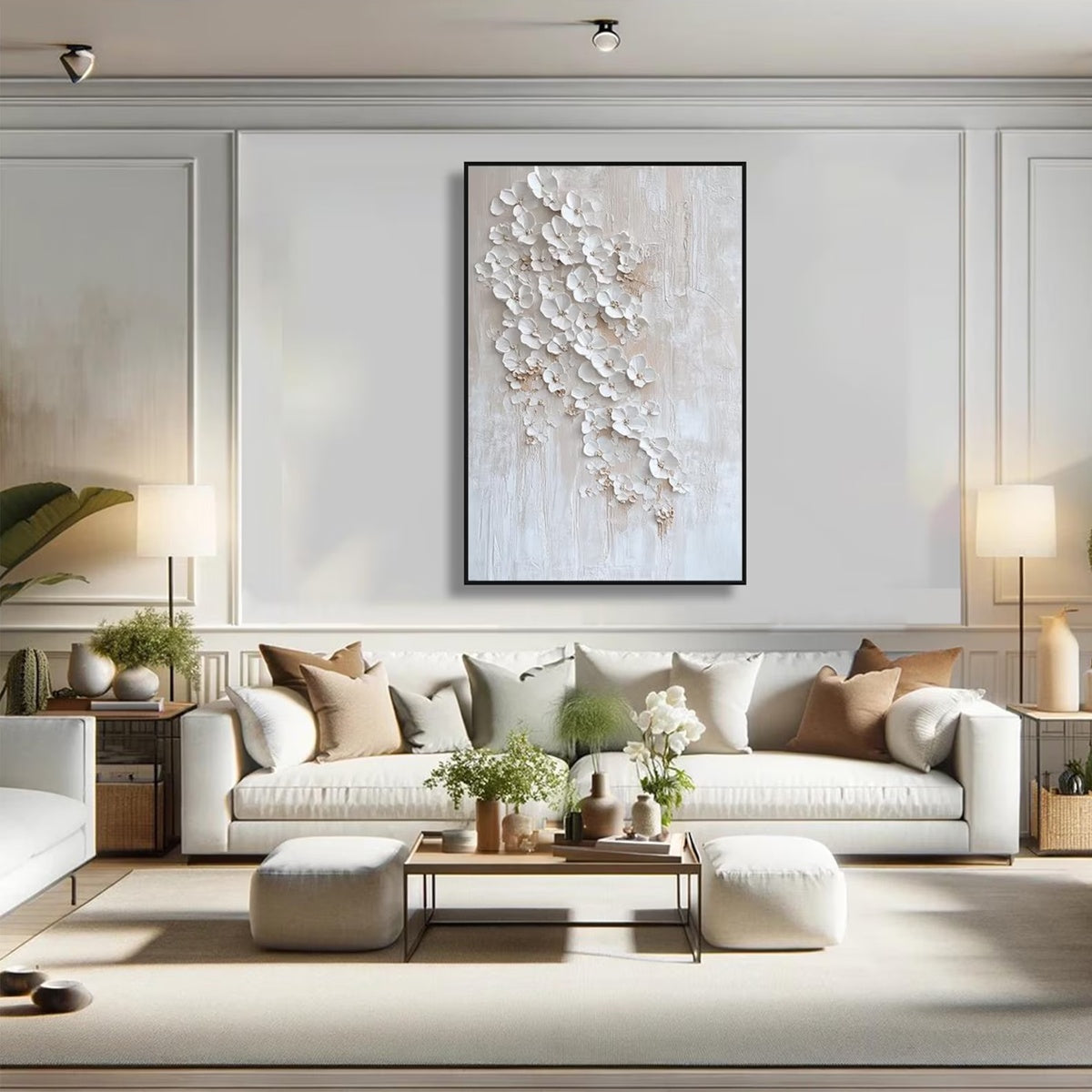White and Beige Wabi-Sabi Floral Impasto Painting – Blossom Cascade