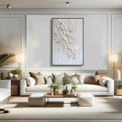 White and Beige Wabi-Sabi Floral Impasto Painting – Blossom Cascade