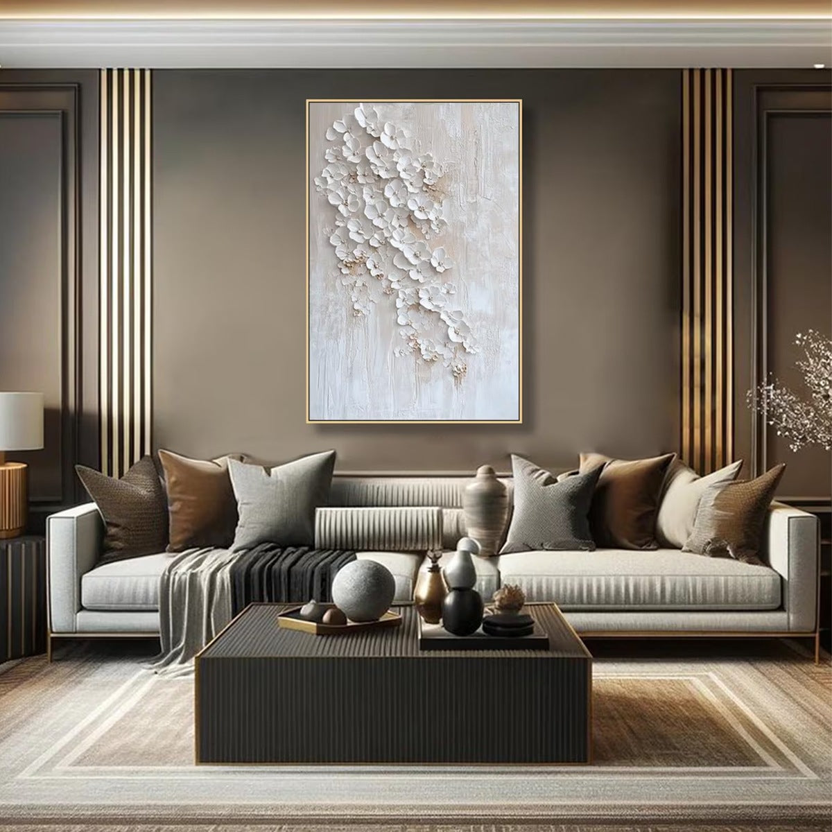 White and Beige Wabi-Sabi Floral Impasto Painting – Blossom Cascade