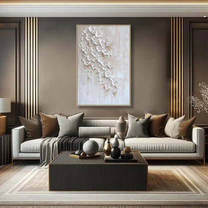 White and Beige Wabi-Sabi Floral Impasto Painting – Blossom Cascade